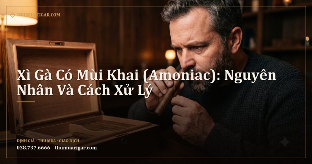 Người đàn ông ngửi điếu xì gà bên cạnh humidor mở nắp