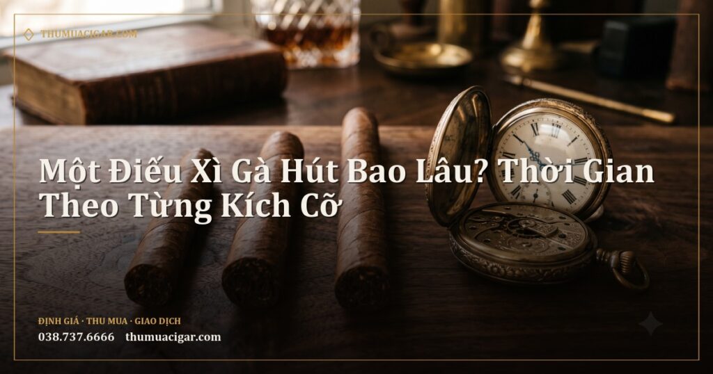Ba điếu xì gà kích cỡ khác nhau cạnh đồng hồ bỏ túi cổ