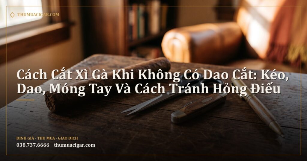 Điếu xì gà cạnh kéo nhỏ, dao gấp và cây bút