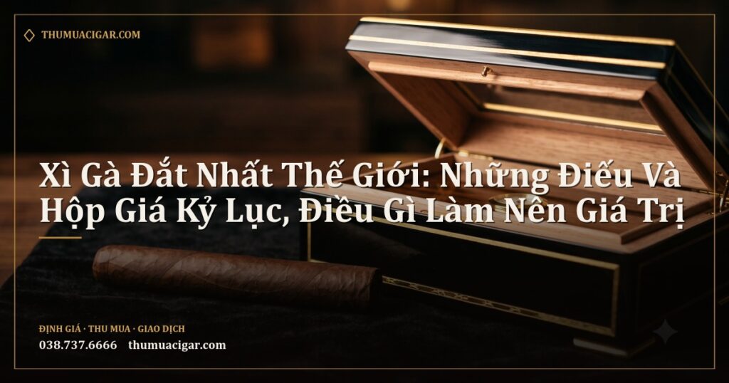 Điếu xì gà cao cấp trên nền nhung đen cạnh hộp gỗ sơn mài