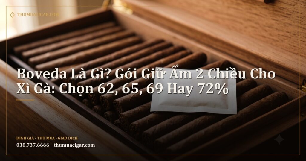 Gói giữ ẩm trắng trơn trong humidor gỗ tuyết tùng cạnh hàng xì gà