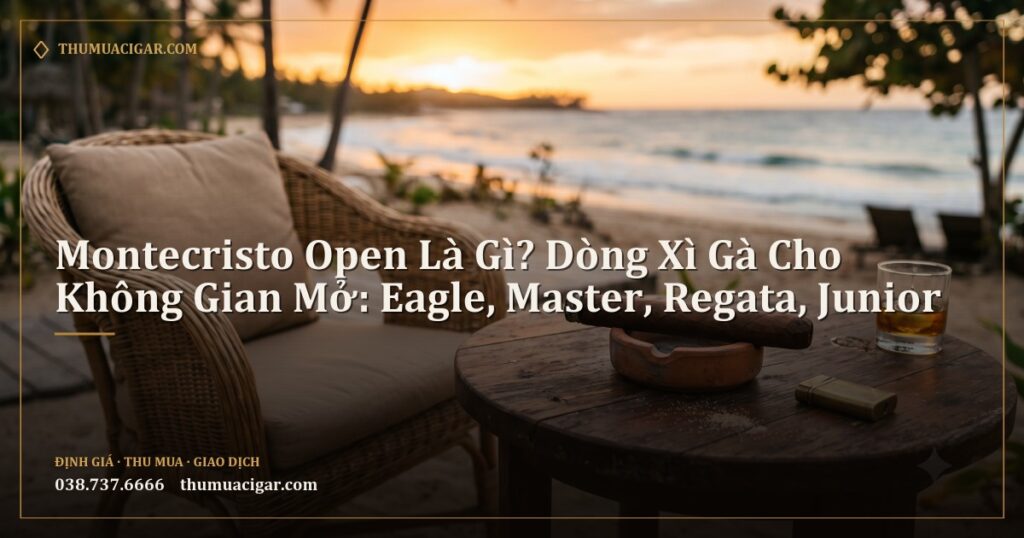 Điếu xì gà trên bàn gỗ ngoài trời cạnh bãi biển lúc hoàng hôn