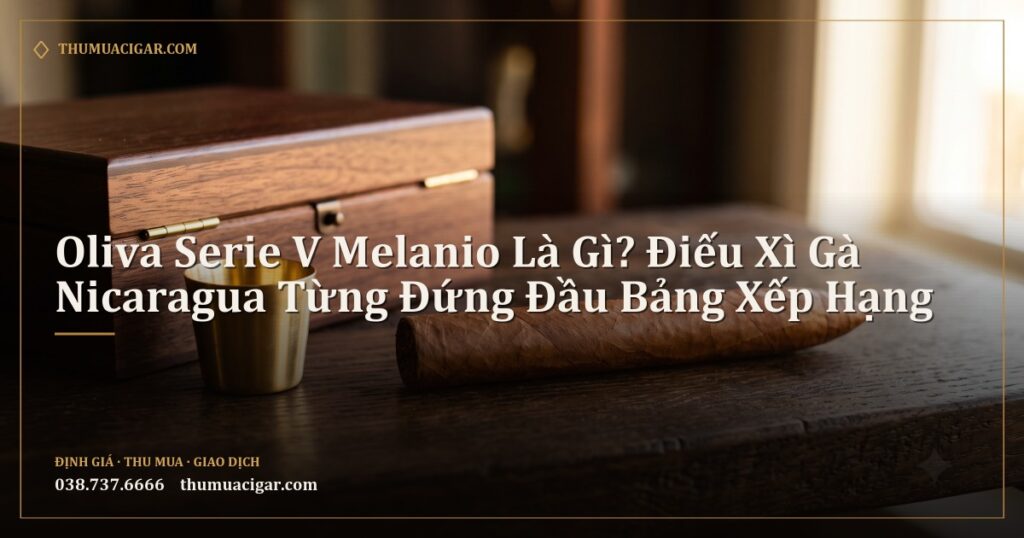 Điếu xì gà đầu nhọn cạnh hộp gỗ và cúp vàng nhỏ