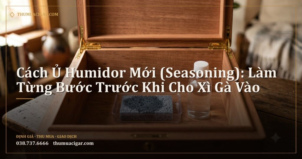 Humidor gỗ tuyết tùng trống với bọt biển ẩm và chai nước cất
