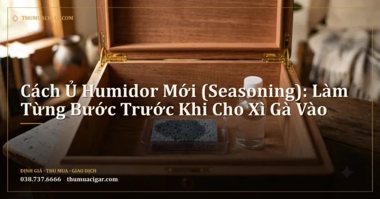 Humidor gỗ tuyết tùng trống với bọt biển ẩm và chai nước cất