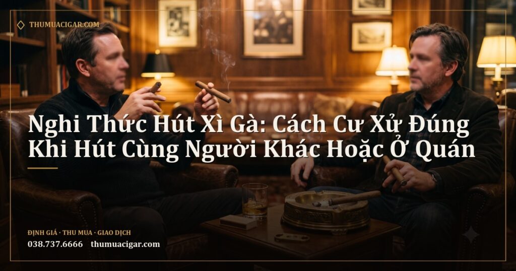 Hai người ngồi ghế da trong phòng hút xì gà, mỗi người cầm một điếu