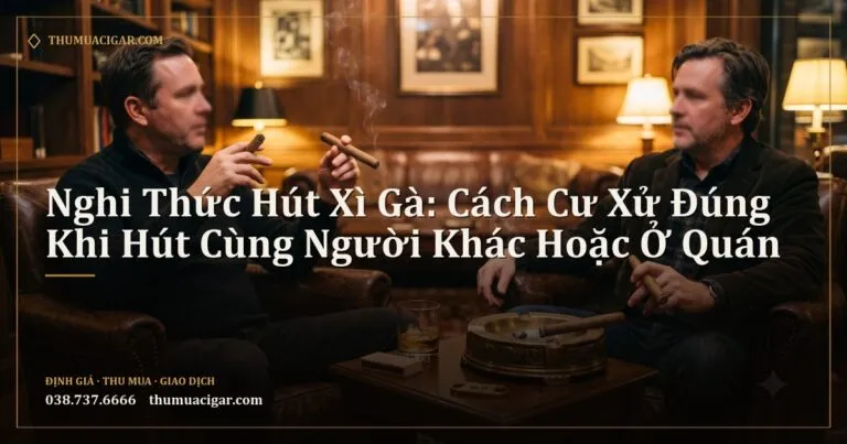 Hai người ngồi ghế da trong phòng hút xì gà, mỗi người cầm một điếu