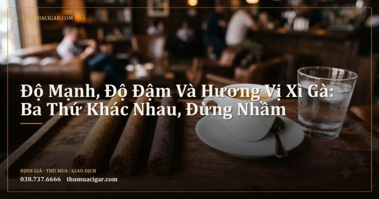 Ba điếu xì gà màu lá khác nhau cạnh tách cà phê espresso và ly nước