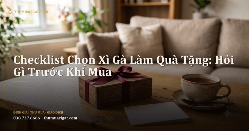 Hộp quà gỗ đựng xì gà buộc nơ đỏ cạnh tấm thiệp và tách trà