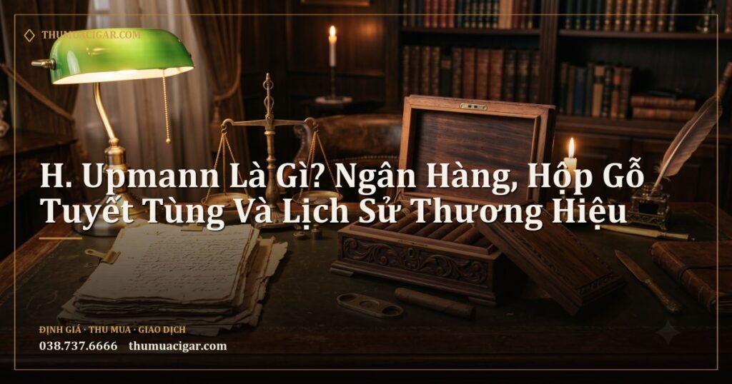Bàn làm việc kiểu ngân hàng cổ với hộp xì gà và cân tiểu ly đồng