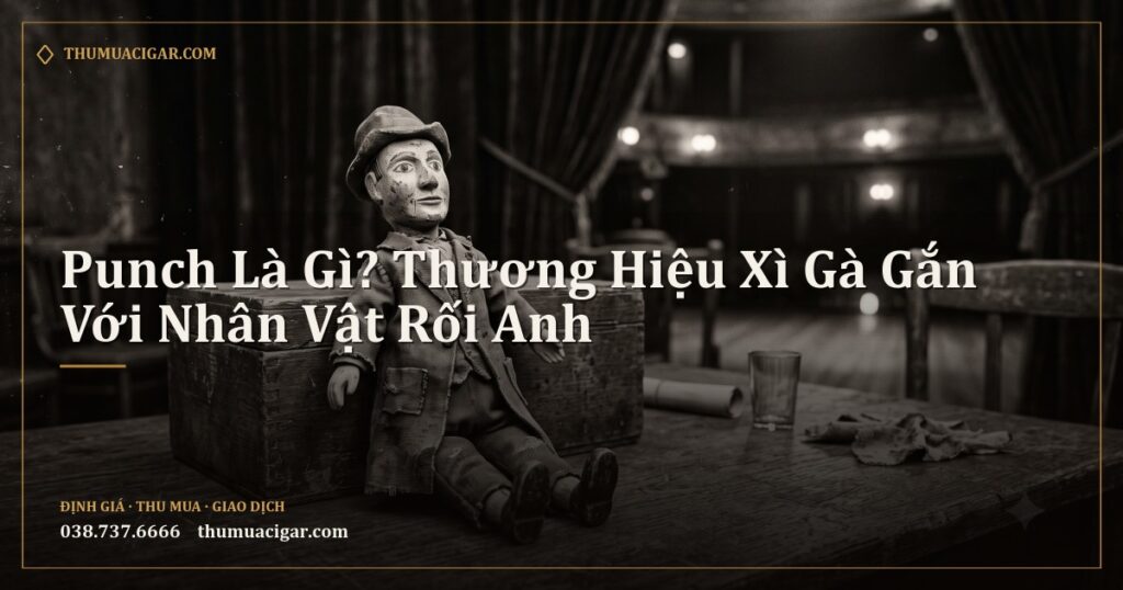 Rối tay gỗ cổ kiểu châu Âu đặt cạnh hộp xì gà trong rạp hát nhỏ