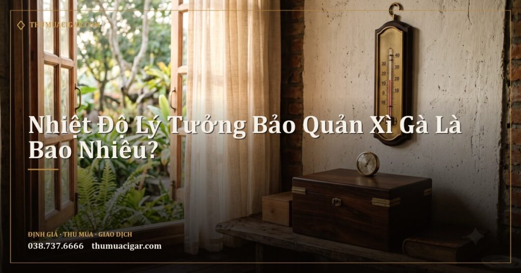 Nhiệt kế cổ treo tường gần cửa sổ phía trên một chiếc humidor gỗ
