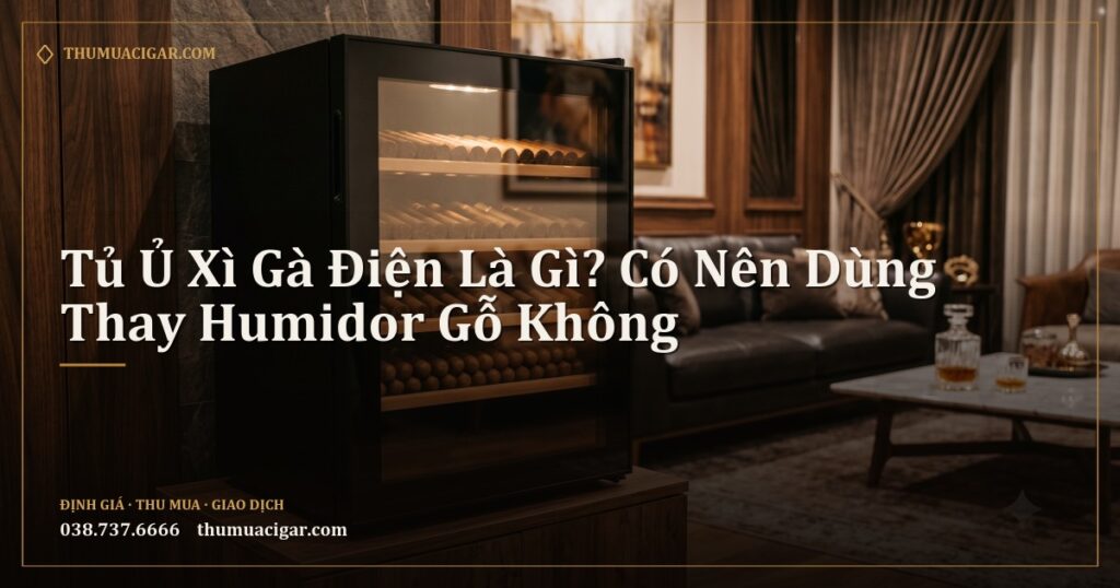 Tủ ủ xì gà điện mặt kính đen trong phòng khách sang trọng
