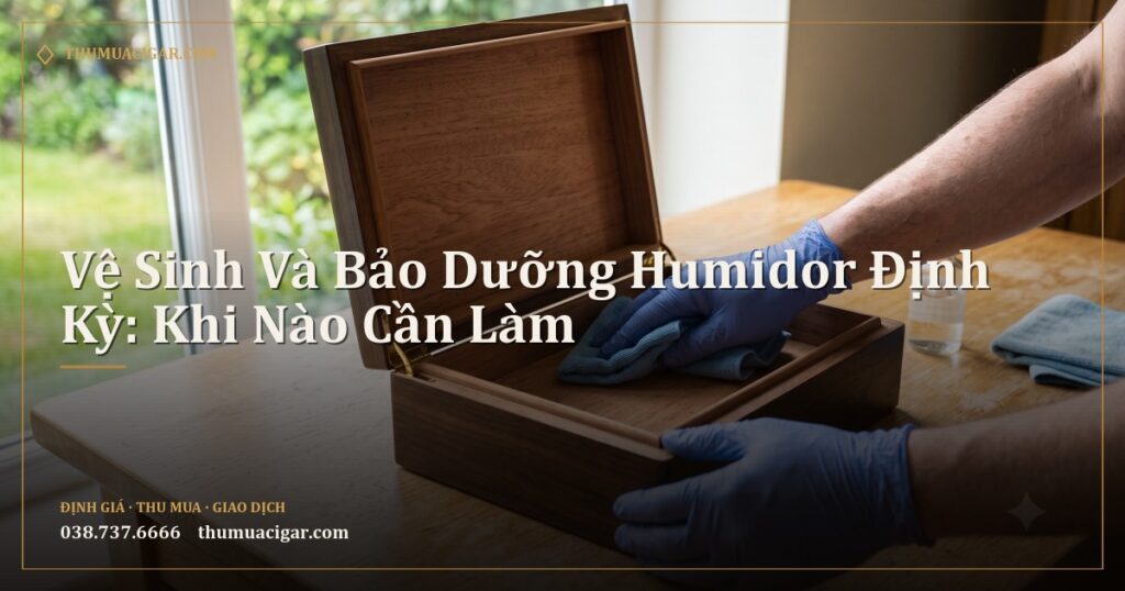 Hai bàn tay đeo găng lau bên trong một humidor gỗ rỗng bằng khăn
