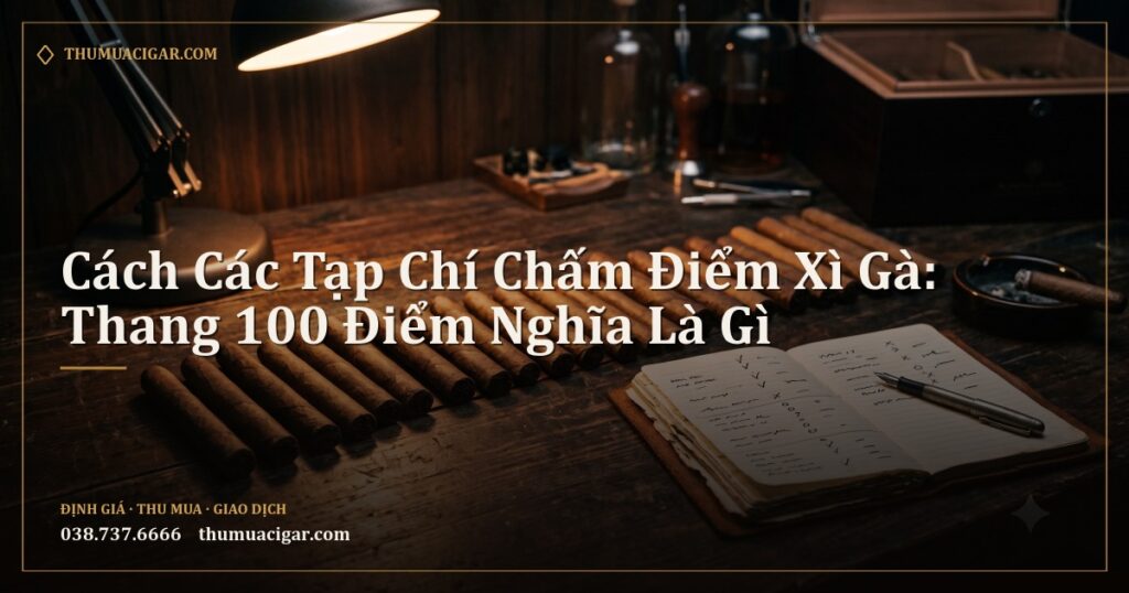 Hàng xì gà xếp trên bàn gỗ cạnh sổ tay chấm điểm dưới ánh đèn bàn