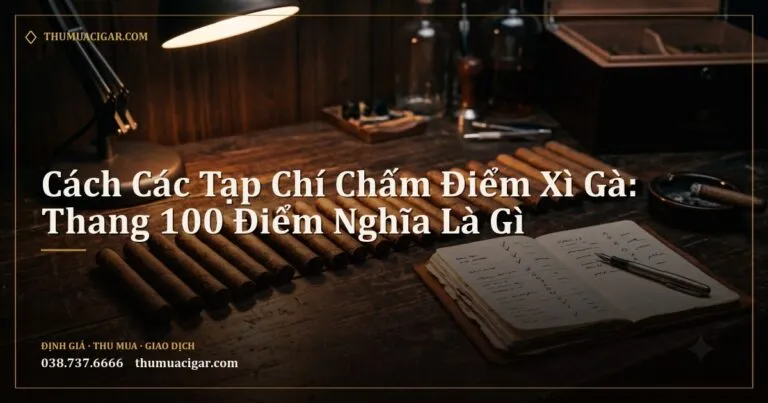 Hàng xì gà xếp trên bàn gỗ cạnh sổ tay chấm điểm dưới ánh đèn bàn