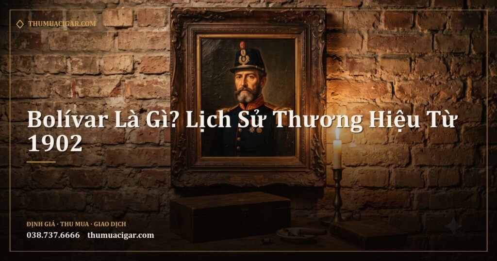 Chân dung sơn dầu một quân nhân treo trên tường gạch cạnh hộp xì gà và nến