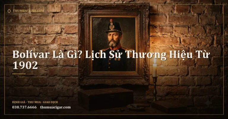Chân dung sơn dầu một quân nhân treo trên tường gạch cạnh hộp xì gà và nến