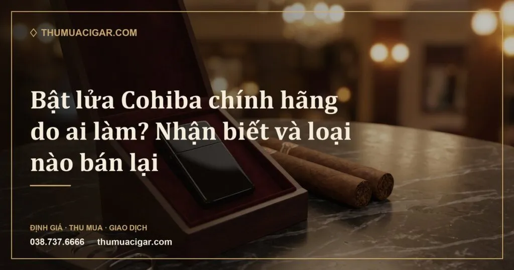 Bật lửa đen bóng trong hộp lót nhung đỏ, cạnh điếu xì gà và dao cắt (ảnh minh hoạ)