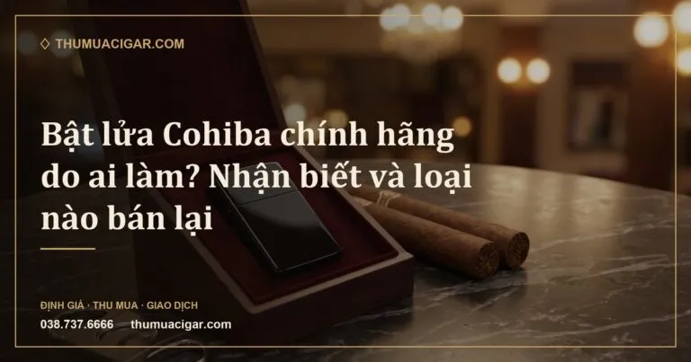Bật lửa đen bóng trong hộp lót nhung đỏ, cạnh điếu xì gà và dao cắt (ảnh minh hoạ)