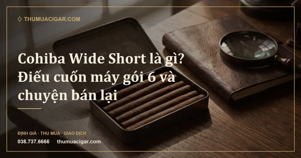 Hộp thiếc mở nắp với sáu điếu xì gà ngắn cuốn máy, cạnh sổ da và kính lúp (ảnh minh hoạ)