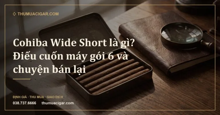 Hộp thiếc mở nắp với sáu điếu xì gà ngắn cuốn máy, cạnh sổ da và kính lúp (ảnh minh hoạ)