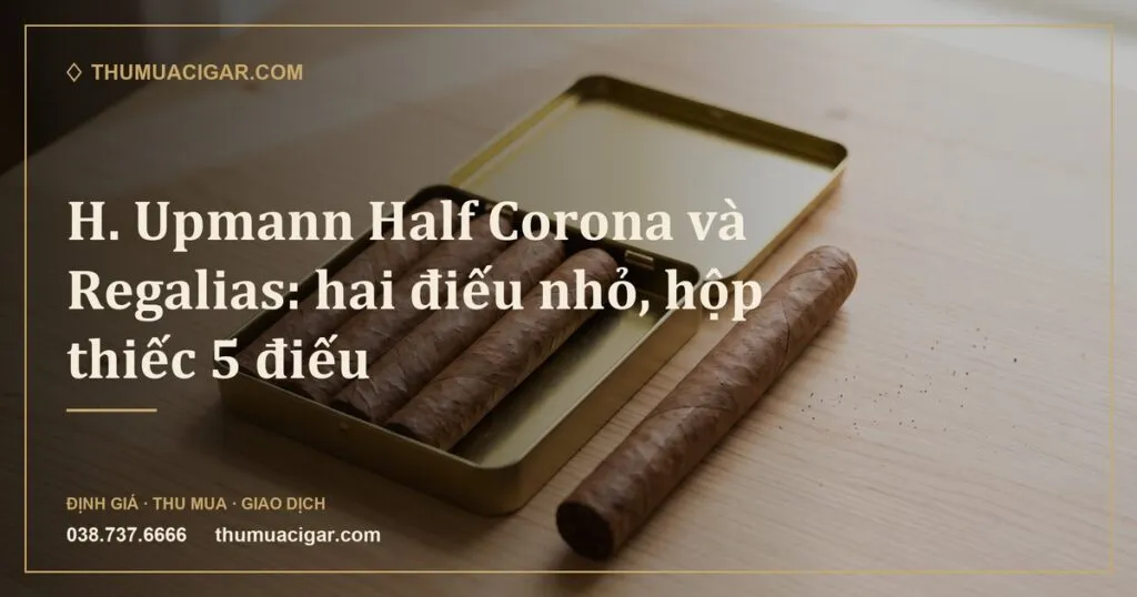 Hộp thiếc dẹt với năm điếu xì gà ngắn, cạnh một điếu dài hơn để so cỡ (ảnh minh hoạ)