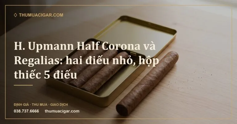 Hộp thiếc dẹt với năm điếu xì gà ngắn, cạnh một điếu dài hơn để so cỡ (ảnh minh hoạ)