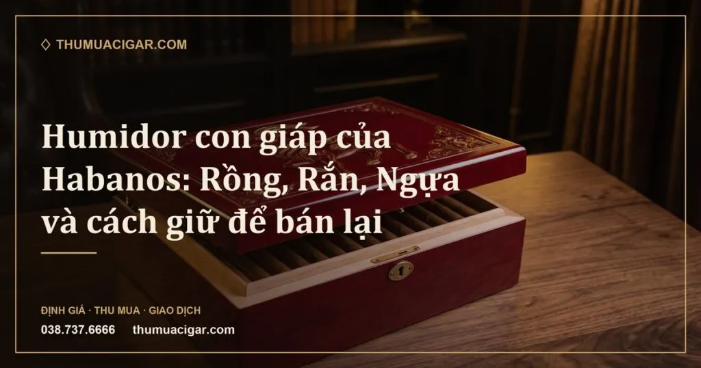Hộp humidor sơn mài đỏ chạm hình con dê, mở hé thấy hàng xì gà bên trong (ảnh minh hoạ)