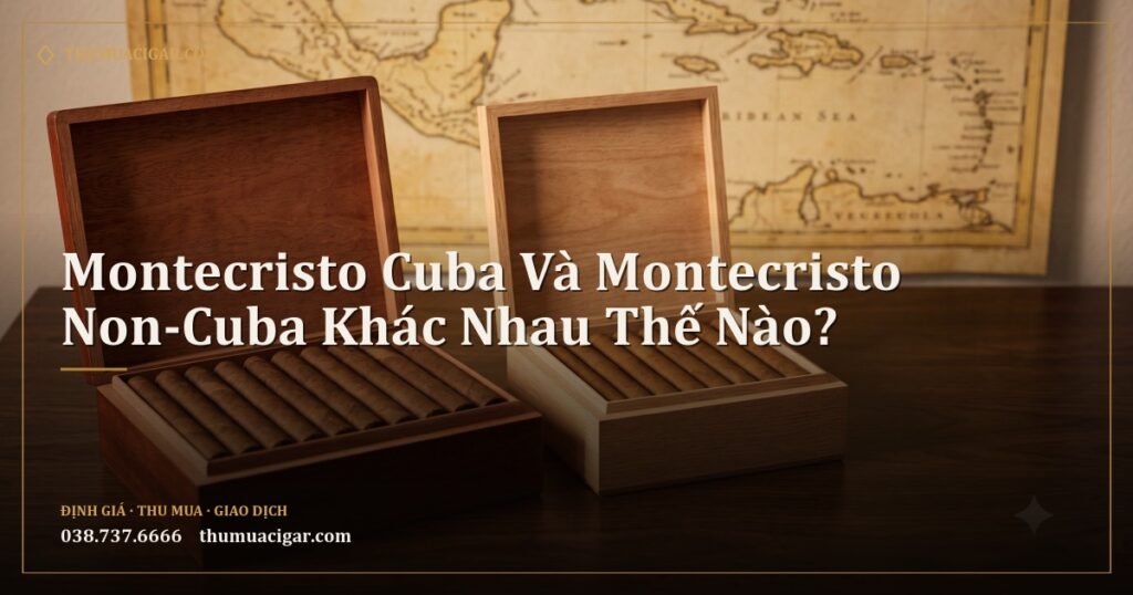 Hai hộp xì gà gỗ mở nắp, một hộp cổ điển và một hộp hiện đại, phía sau là bản đồ Caribe