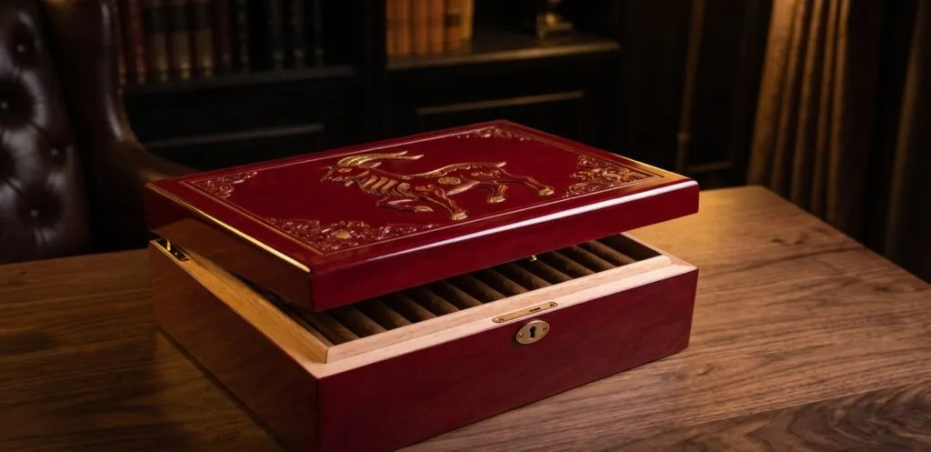 Hộp humidor sơn mài đỏ chạm hình con dê, mở hé thấy hàng xì gà bên trong