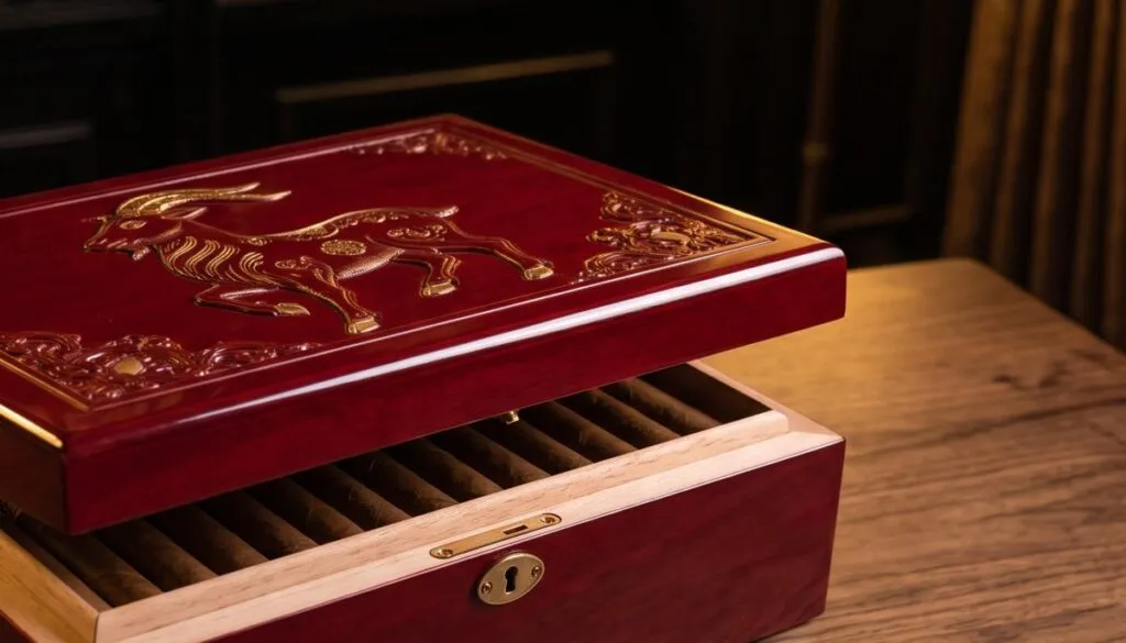 Cận cảnh: hộp humidor sơn mài đỏ chạm hình con dê, mở hé thấy hàng xì gà bên trong