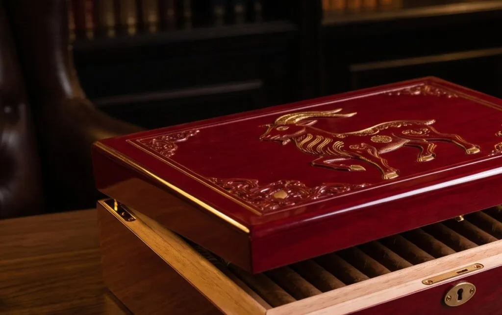 Góc khác: hộp humidor sơn mài đỏ chạm hình con dê, mở hé thấy hàng xì gà bên trong