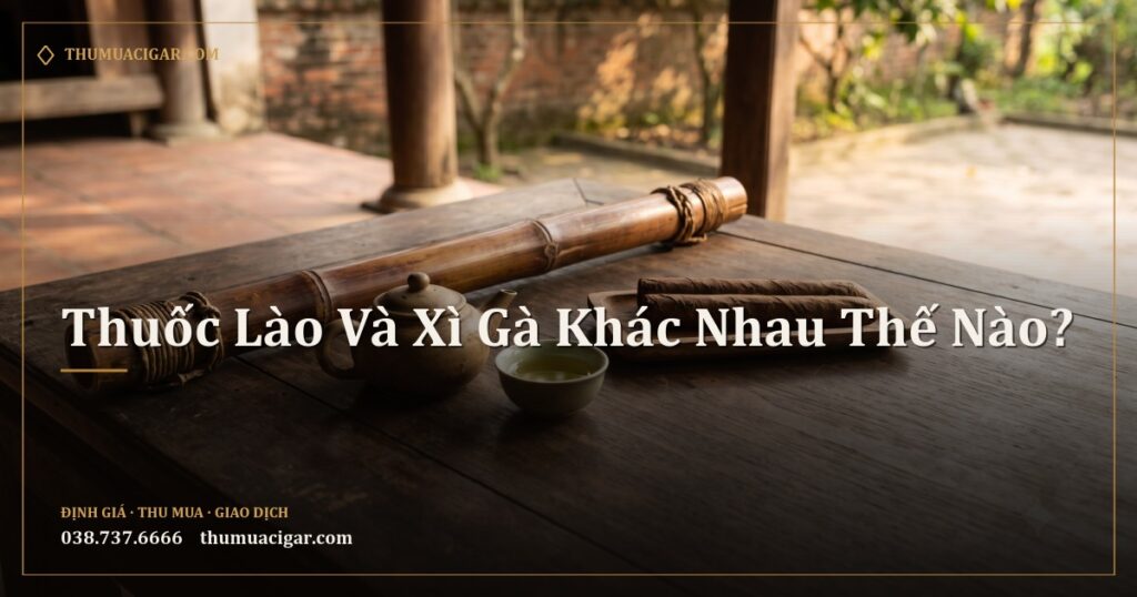 Điếu cày tre, ấm trà xanh và hai điếu xì gà trên phản gỗ hiên nhà